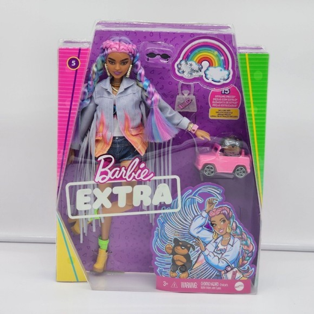 Mattel Barbie Extra Doll #5 Long Rainbow Hair Fringe Denim Jacket +Pet Puppy NEW